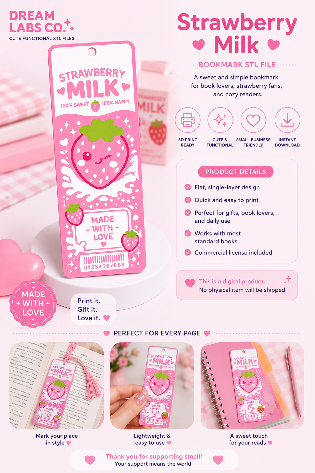 🌸 Strawberry Milk Bookmark STL File