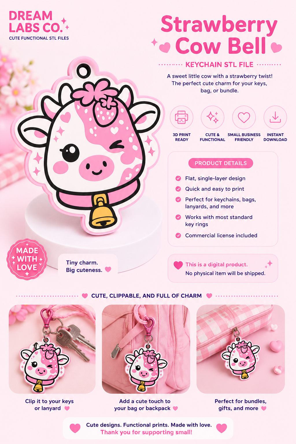 🌸 Strawberry Milk Cow Keychain STL File